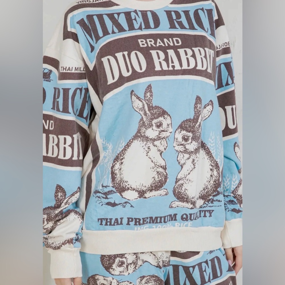 NWT The Sak Blue Brown Duo Rabbit Graphic Sweatshir